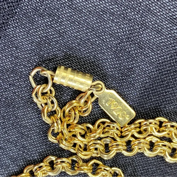 Vintage 1928 Chain Necklace Gold Tone Faux Pearl & Blue Green Cabochons 28" - Picture 5 of 12